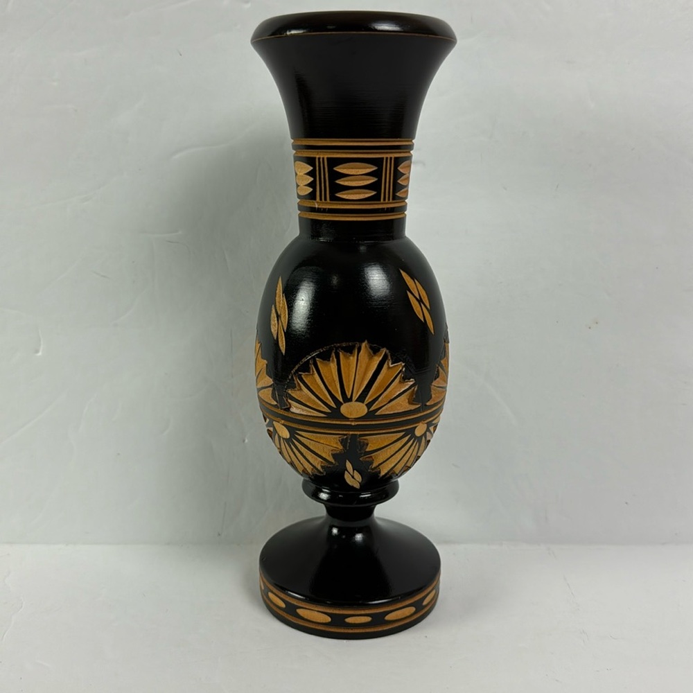 Vtg Hand Carved 7 in Wood Bud Vase Size - rustic artisan folk art brown decor